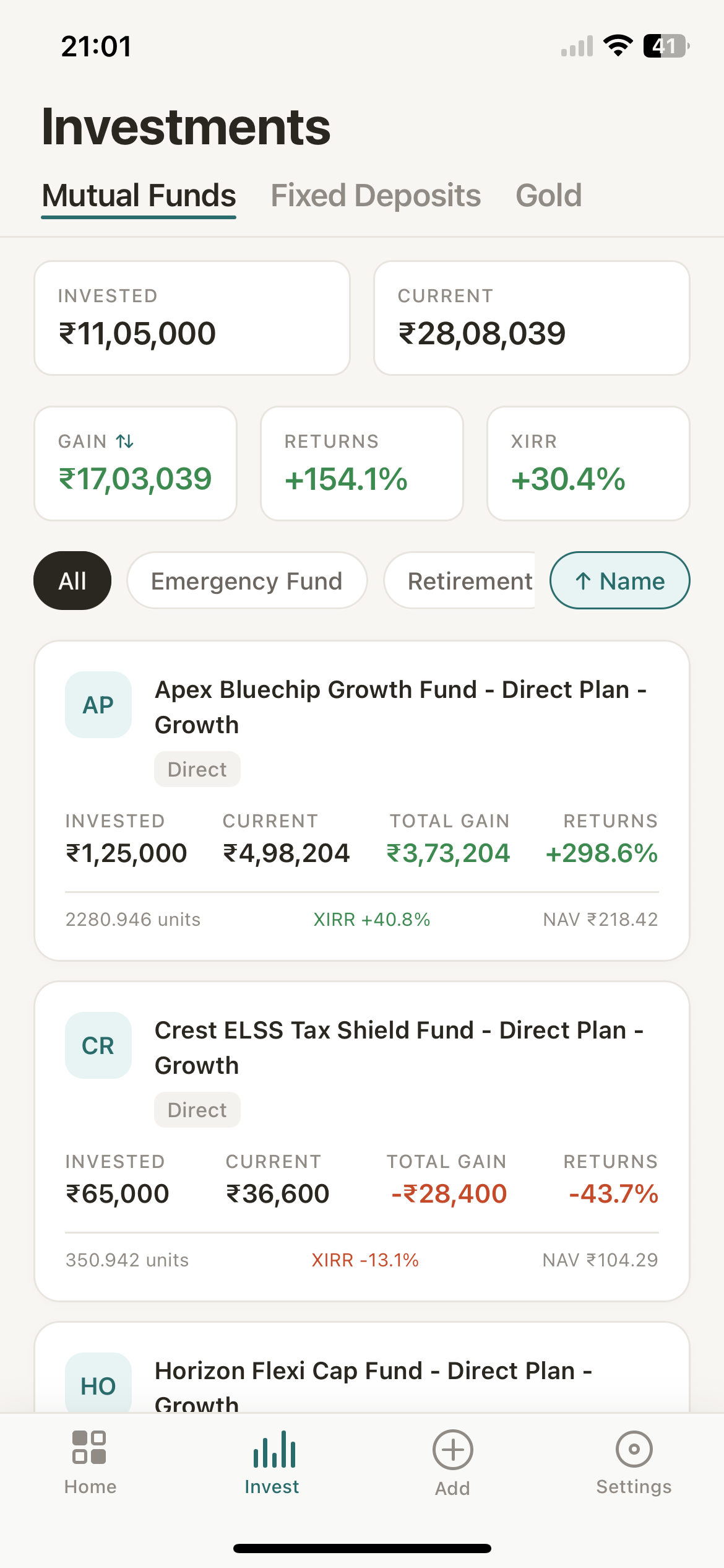 Trasset app showing mutual fund portfolio with XIRR and returns